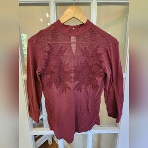 Free People embroidered burgundy top 3/4 sleeves